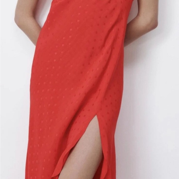 New ZARA JACQUARD DOTTED SLIP DRESS RUFFLE TRIM RED Size XS - Picture 7 of 12